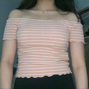 pink striped off the shoulder crop top